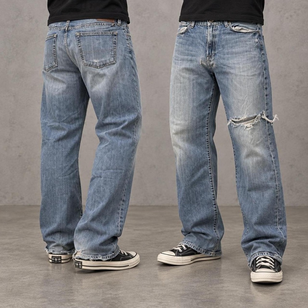 34x28 Faded Blue Distressed Straight Wide-Leg Jeans Y2K